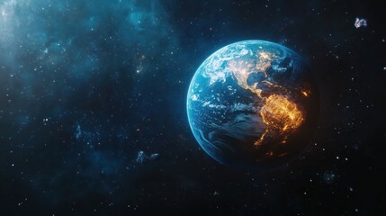 Fototapeta premium A stunning view of Earth from space, highlighting vibrant colors and glowing cities against a dark cosmic backdrop.