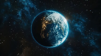 Obraz premium A stunning view of Earth from space, showcasing vibrant city lights against the dark cosmos.