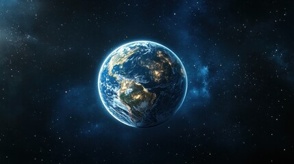 Obraz premium A stunning view of Earth from space, showcasing its vibrant colors and glowing city lights against the vastness of the cosmos.