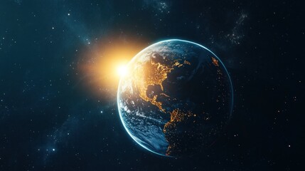 Fototapeta premium A stunning view of Earth from space, showcasing city lights and sunrise over the horizon.