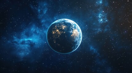 A stunning view of a glowing blue planet surrounded by a starry cosmos, evoking a sense of wonder and mystery.