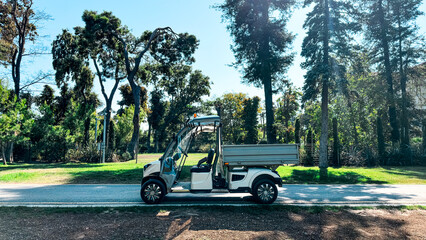 A small utility golf vehicle parked on a paved path in a park, surrounded by tall trees and...