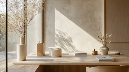 Minimalist Interior Design with Beige and Wooden Elements and Natural Light