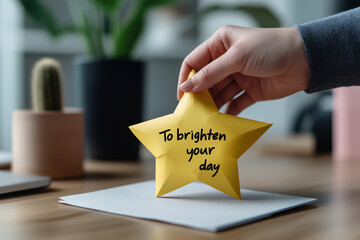 A hand holding a bright yellow star-shaped card with the message "To brighten your day" over a desk background. The scene exudes a cheerful and encouraging vibe, perfect for sending positive messages.