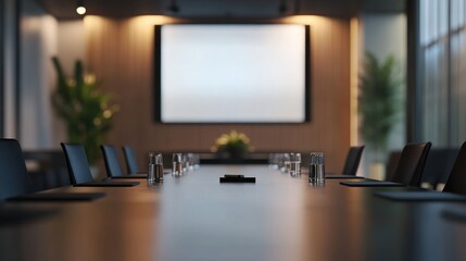 A modern conference room set for a meeting with a large screen and plants.