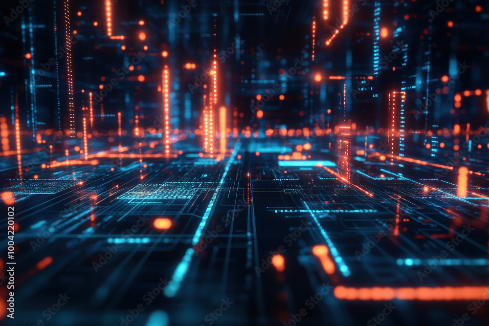 Poster exploring a vibrant digital landscape filled with glowing circuits and interconnected data streams a
