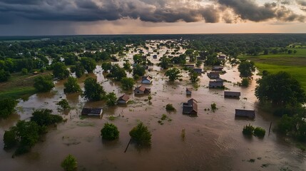 Naklejka premium Aerial panoramic image documenting the widespread flooding of a rural village with residential structures partially or fully submerged beneath the turbulent rising floodwaters