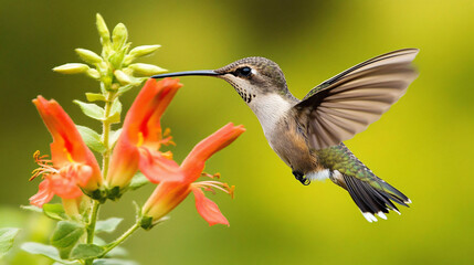 Fototapeta premium A tiny hummingbird hovering near a flower