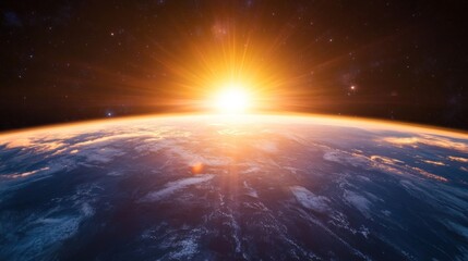 Fototapeta premium A breathtaking view of the Earth from space as the sun rises, casting golden rays across the atmosphere and illuminating the clouds.