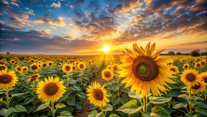 Fototapeta premium Stunning sunrise in sunflower field with bright yellow flowers facing the morning sun