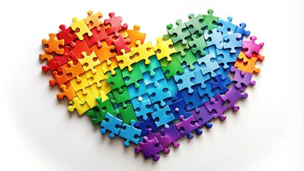 Puzzle pieces forming vibrant rainbow heart on white background for love concept