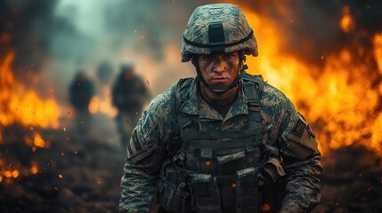 intense portrait of a soldier in full army gear helmet on moving with purpose across a rugged battlefield embodying determination and strength amidst a tense and dangerous environment