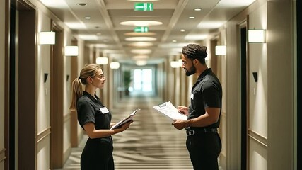 Content hotel maid interacting with a housekeeping supervisor in a clean, stylish hotel hallway, highlighting a supportive work environment and effective communication