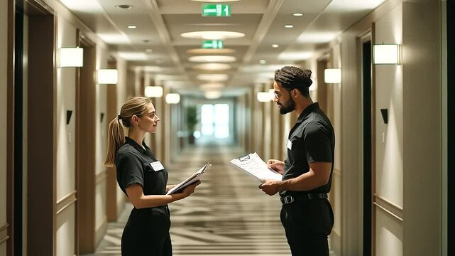 Content hotel maid interacting with a housekeeping supervisor in a clean, stylish hotel hallway, highlighting a supportive work environment and effective communication