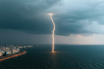 A single lightning bolt strikes the ocean near a coastal city during a powerful storm. Dark clouds loom over the horizon as heavy rain pours, creating a dramatic and electrifying scene.