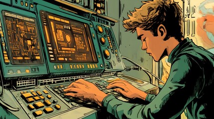 A comic book panel of a young man typing on his computer in the early days of the internet