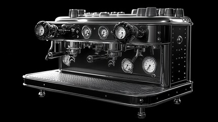 intricate black and white illustration of an espresso machine capturing the elegance of its mechanical components with knobs and gauges beautifully detailed evoking a vintage charm
