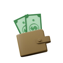 Wallet full of money isolated on Transparent Png Background. 3d illustration icon of wallet