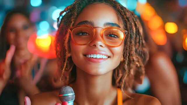 A young girl smiling brightly, with colorful bokeh lights in the background creating a festive mood