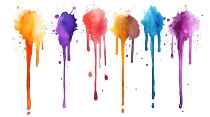 Fototapeta premium Colorful watercolor paint drips in vibrant shades of orange, pink, purple, and blue on a white background.