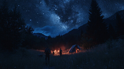 Fototapeta premium A thrilling image of campers embarking on a night hike, guided by lanterns under a starlit sky.
