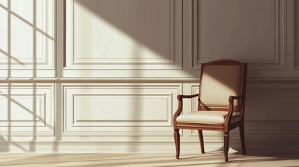 Elegant wooden chair in sunlit room, casting shadows on the wall, perfect for interior design inspiration and cozy settings.