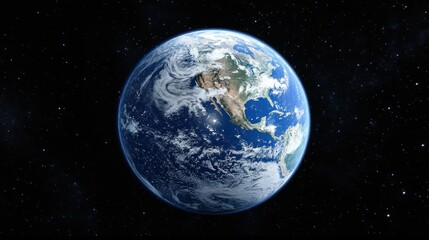 A stunning view of Earth from space, showcasing its vibrant blue oceans and green landmasses under a starry backdrop.