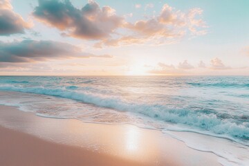 Obraz premium A serene tropical beach with golden sand, turquoise water, and gentle waves under a bright blue sky, creating a picturesque paradise perfect for summer vacation