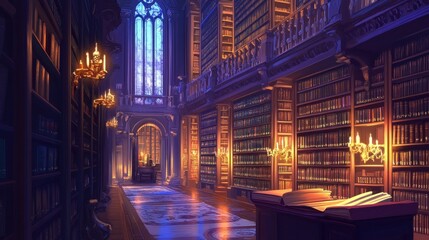 Naklejka premium A majestic library interior with high bookshelves, warm lighting, and tall windows, creating an atmosphere of serenity and knowledge.