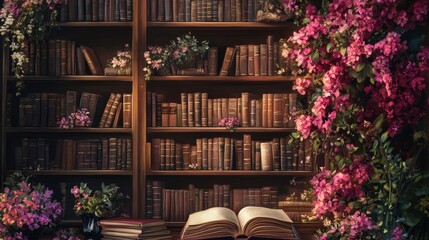 A serene and enchanting library scene with blooming flowers and vintage books.