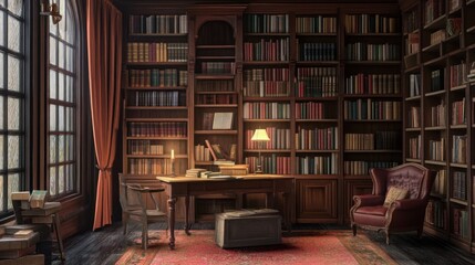 A cozy, vintage library interior featuring wooden shelves filled with books, a warm glow from a lamp, and a comfortable armchair.