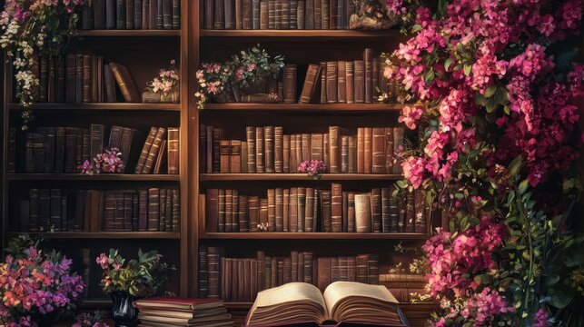A serene and enchanting library scene with blooming flowers and vintage books.