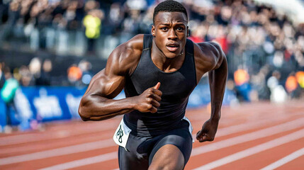 A sprinter racing down the track, capturing the moment of peak speed and determination, with the stadium crowd and finish line visible in the background