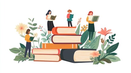 Diverse individuals joyfully reading books among vibrant flowers, showcasing a love for literature and nature.