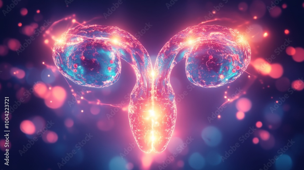 Poster an image of the female reproductive system, stylized as a glowing, transparent object with a vibrant