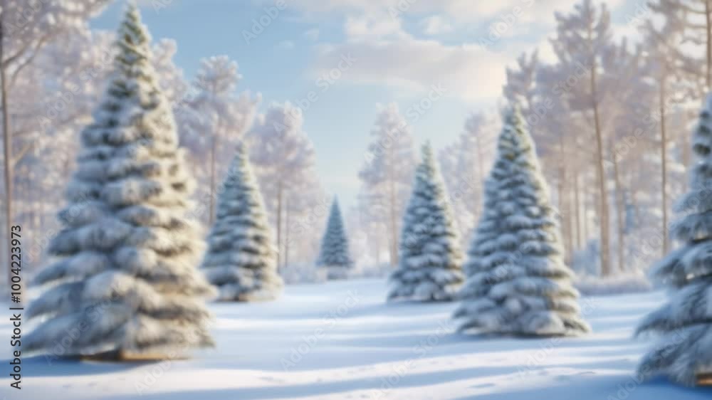 Poster Sun shining on snow covered pine trees in a magical winter scene, creating a serene and picturesque view with a touch of color from the blue sky