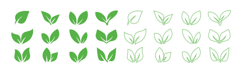 Set of green leaf icons. Leaves of trees and plants. Leaves icon. Collection green leaf. Elements design for natural, eco, bio, vegan labels. Vector illustration.