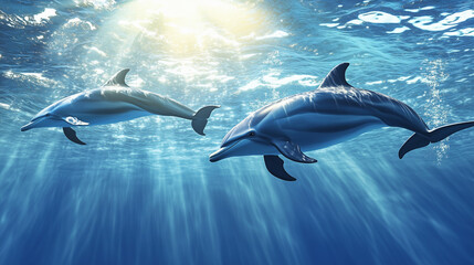 Fototapeta premium Dolphins swimming in the open sea with sun rays penetrating the clear water 