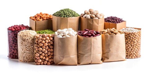 Packaging of beans and pulses in kraft paper bags on a white background
