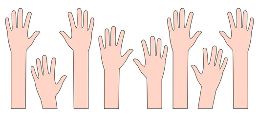 Raised hands. volunteering People activity concept. Teamwork symbol. Voting concept. Vector illustration isolated on white. 