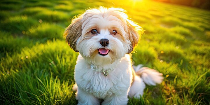 Adorable Shichon Dog Sitting on Grass with a Playful Expression in a Sunny Outdoor Setting