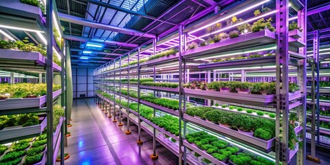 Advanced Hydroponics Vertical Farm in Urban Building Featuring High-Tech Agricultural Greenhouse System