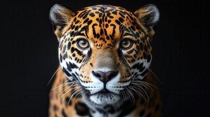 Obraz premium jaguars piercing gaze captured in a striking closeup against a sleek black background emphasizing the majestic features of this powerful feline with rich details and dramatic contrast