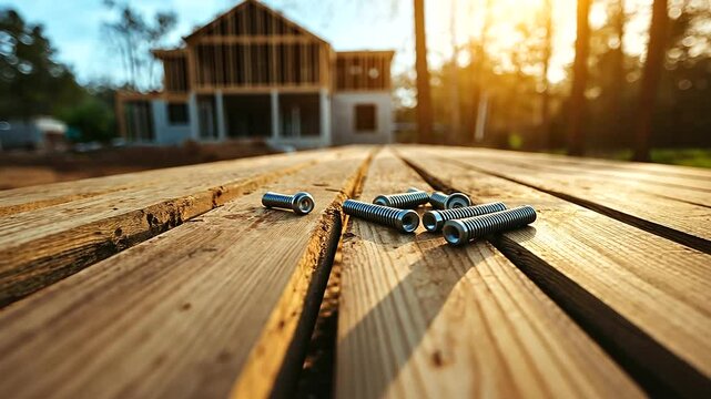 Wooden planks and metal screws neatly arranged on a weathered table outside, with a blurred image of a house under construction in the background