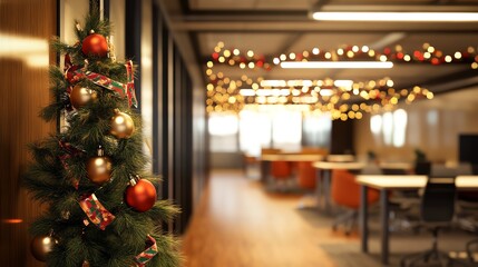 Festive office decor with Christmas tree and lights for holiday spirit.