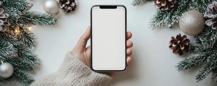 Winter themed mockup of an iPhone with a white screen held by a cozy hand surrounded by festive Christmas decorations