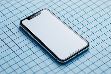 Mockup of an iPhone X with screen facing up on a blue grid background, showcasing modern technology and design