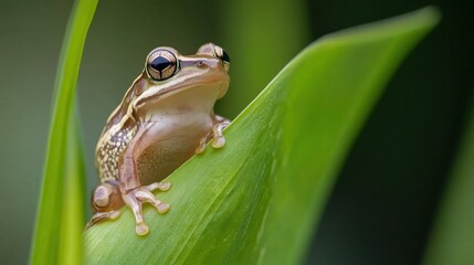A small frog perched delicately on a green leaf, perfect for nature and wildlife themes, showcasing the beauty of simple wildlife moments.