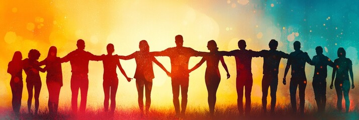 A united team of diverse individuals standing together, arms around each other, symbolizing strength in cooperation, with a bright and positive background representing teamwork