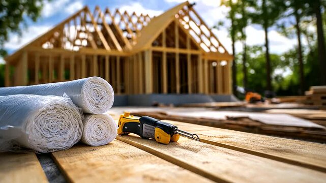 A pile of insulation material and a staple gun lying on an outdoor table, with the outline of a partially constructed house in the background